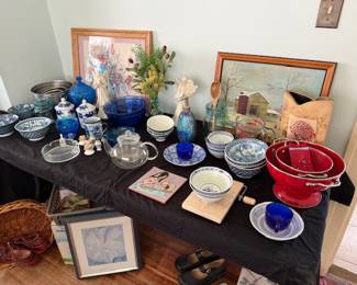 Vintage pictures, paintings, vintage blue glass, oriental dishes, red metal bowls, stainless mixing bowls