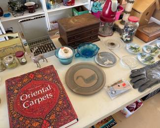 Small box, buttons, gloves, glassware, small plates
