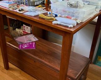 Tall table for perhaps sewing, lots of sewing supplies, Maple chest