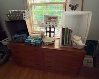 Low Teak cabinet with 8 drawers, books, fabric, vintage linens