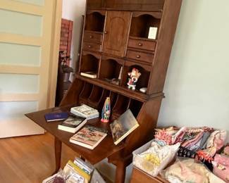 Drop front secretary with many drawers, cubbies