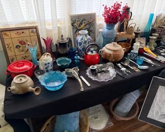 Pottery, vases, tea pots, coffee urns, kitchen utensils, blankets, baskets, toilet seat