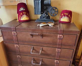 "Stacked Suitcase" Leather Dresser; Faux Movie Projector, Sons of the Dessert Fez