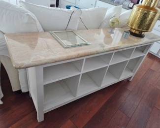 White Bookcase w/ Marble Top; Hand Hammered Brass Lamp