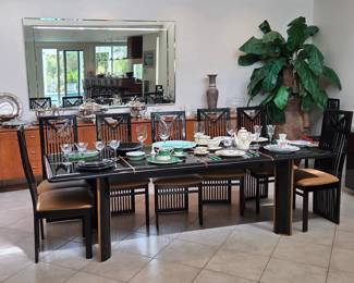 Italian Black Lacquer & Beveled Glass Dining Table with 14 Chairs