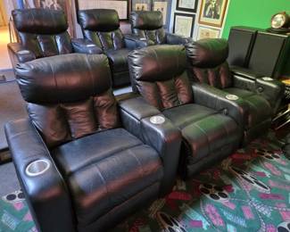 Set 6, Black Leather Theater Club Chairs