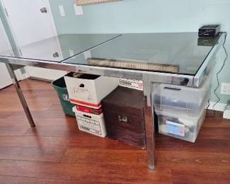Milo Baughman Smokey Glass & Chrome Dining Table with Leaf