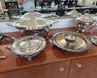 Collection of Silver Plate Serving Pieces, Chaffing Dishes, Tea Service etc.