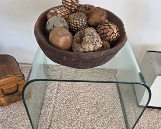 Glass Side Table; wood bowl with Globes