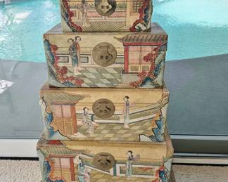 Antique Chinese Hand-Painted on Leather Set of 6 Graduated Nesting Trunks - rare to have 6!