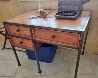 Metal Trim Desk; Vintage Royal Typewriter, Wood Slat Model Plane