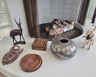 Ebony Antelope, African Mask, Navajo-Style Metal Vase, etc.
