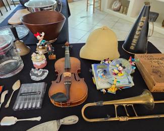 Vintage Violin by Corelli, Kid's Trombone, Director's Megaphone,  Safari Helmet, SWood Carving Tools, Disney Stuff, etc. 