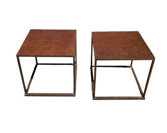Lot 43: 1960s Industrial Square Cube Iron Side Rustic Tables 