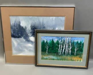 Lot 36: Two Signed Landscape Watercolor & Oil Paintings