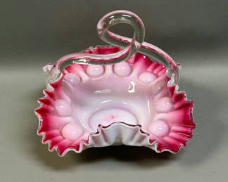 Lot 51: Vintage Art Glass Ruffled Silver Crest  Basket 
