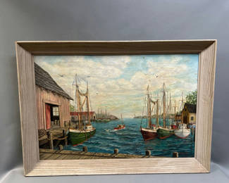 Lot 10: Signed Harborscape Oil Painting on Canvas 