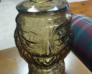 Vintage Green Glass owl cookie jar