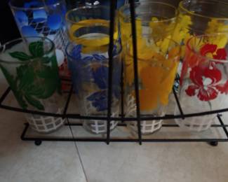 midcentury rack w/8 various jam glasses