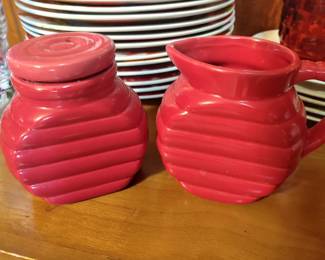 Vintage red creamer and sugar bowl