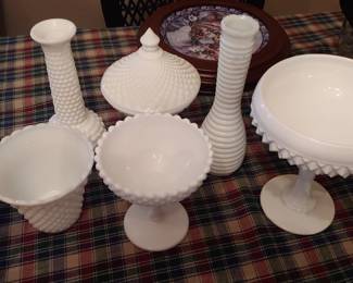 Various vintage hob nail milk glass Westmoreland/Brody/Fenton/Laurel Leaf/