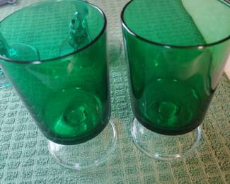 2 of 6 vintage stemmed green glasses