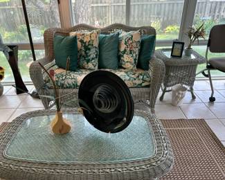 Wicker Loveseat, Coffee and Side Table set
