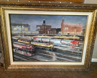 Original Oil on Canvas by John E. Bromley "Kansas City Rail Yard- Night Departure"