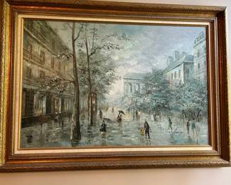 Original Oil on Canvas by L. Lachey  "Paris Street Scene "(Rainy Day)"