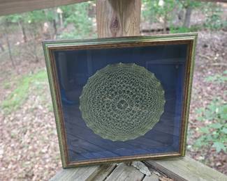 $ 45 Vintage geometric mandala string art shadow box. Has a few small stains in blue fabric backing.  Really cool piece.
