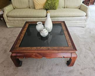 $275 Vintage Gordon's Chioiserie Ming Style burl wood square coffee table with beveled smokey glass top.  Some scuffs but mostly good condition. MATCHING SOFA TABLE NOT PICTURED $ 250