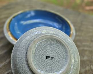 $25 for both Vintage Fitz and Floyd crackle glaze with gold rim trinket dishes.  Some white spots on ths glaze of smaller dish. 