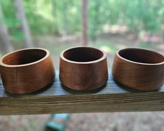 $25 Mid-Century teak wood salad bowl set. One bowl is cracked but not all the way through. Utensil cracked but usable. 
