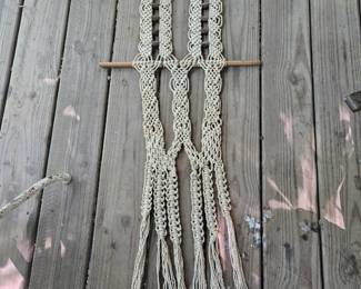 $ 30 This is the real deal -- not Pier One!  Cream colored macrame wall hanging with wooden dowls and clay decorative beads.