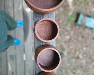 $25 Mid-Century teak wood salad bowl set. One bowl is cracked but not all the way through. Utensil cracked but usable. 