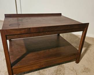 $125 This is a mid-century modern style walnut end table with a single drawer and lower shelf.