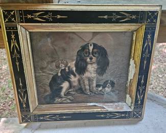 $150 Charming King Charles Spaniel dog picture. Frame is worn and some stains on the print inside.