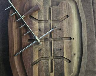 $ 45 MCM  Vermillion  walnut wood carving and serving tray with spikes. Comes with metal attachment containing spikes to secure meat.