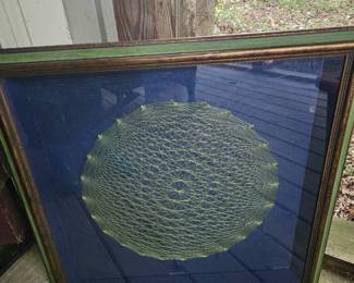 $ 45 Vintage geometric mandala string art shadow box. Has a few small stains in blue fabric backing.  Really cool piece.