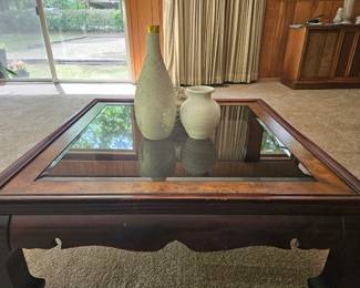 $275 Vintage Gordon's Chioiserie Ming Style burl wood square coffee table with beveled smokey glass top.  Some scuffs but mostly good condition. MATCHING SOFA TABLE NOT PICTURED $ 250