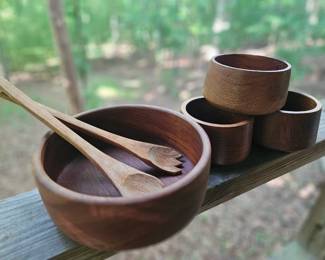 $25 Mid-Century teak wood salad bowl set. One bowl is cracked but not all the way through. Utensil cracked but usable. 