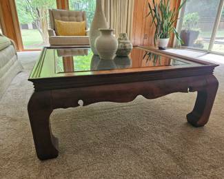 $275 Vintage Gordon's Chioiserie Ming Style burl wood square coffee table with beveled smokey glass top.  Some scuffs but mostly good condition. MATCHING SOFA TABLE NOT PICTURED $ 250