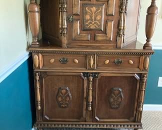 $1025 This beautifully cared for /40s Jacobean Revival Gothic Carved Romano Oak Court Cupboard/ Cabinet shows some Georgian influences. The piece has a planked top overhanging a frieze exquisitely adorned with detailed etching.