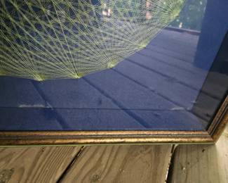 $ 45 Vintage geometric mandala string art shadow box. Has a few small stains in blue fabric backing.  Really cool piece.