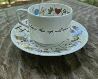 $45 Royal Kendal Taltos astrology fortune-telling cup and saucer. Made in England. Fine bone china. 