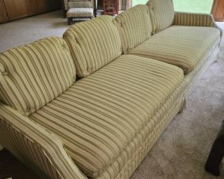 175  Classic MCM  tuxedo style Yellow, green and beige sofa. Some wear. Good condition.   L 99" x H 27.5" x D 30" 