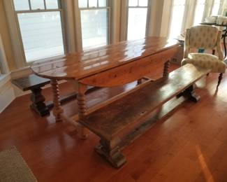 Rustic drop leaf table is 90" long. Benches are for sale but do not match table