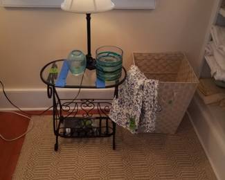 Glass top magazine table; table lamp