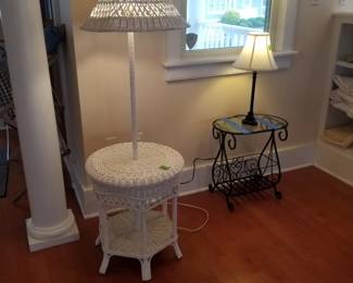 Wicker lamp table; glass top magazine table