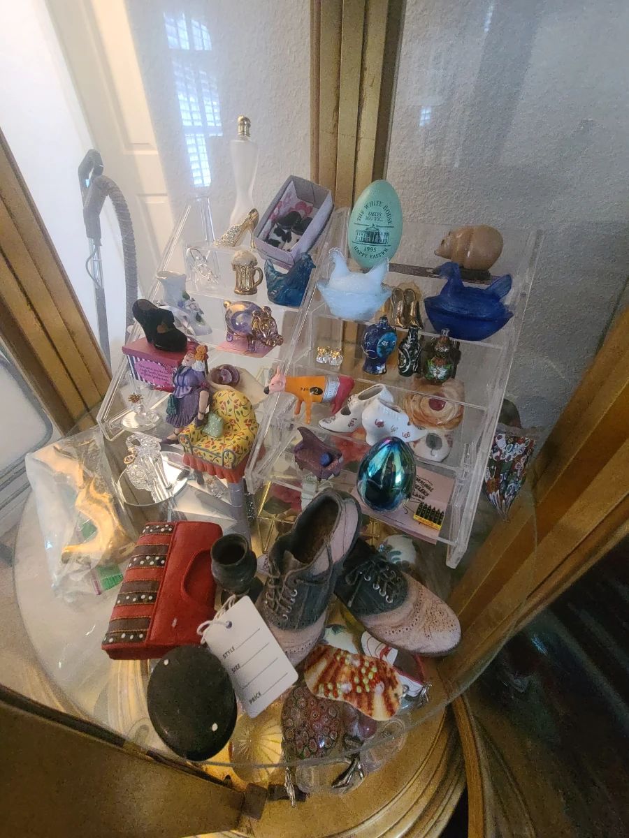 Vintage collectible shoes, trinkets, knick knacks.